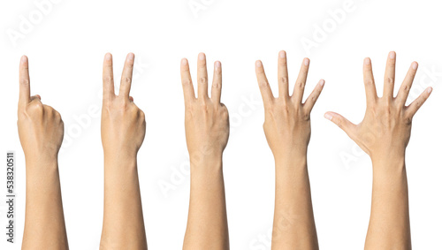 Fotografie, Tablou Man showing zero to five fingers count signs isolated on white background with Clipping path included