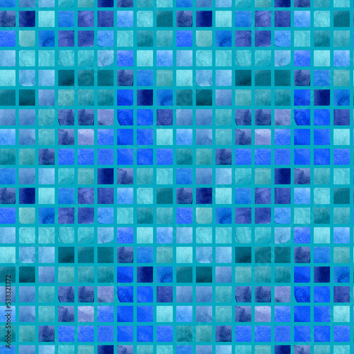 Watercolor blue green square mosaic seamless pattern. Illustration on turquoise background. For fabric, sketchbook, wallpaper, wrapping paper.