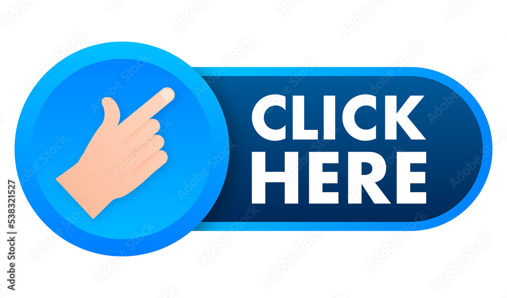 Click here button with hand pointer clicking. Vector stock illustration. Click here button with hand pointer clicking. Vector stock illustration.