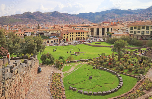 Garden in front of Coricancha Temple with the Symbol of Condor, Puma and Snake, the Sacred Creatures of Inca Trilogy, Cuzco, Peru, South America