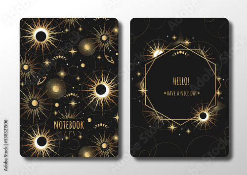 Cover design with retro space pattern. Hand drawn elements. Modern artistic background with suns. Invitation, greeting card, cover book, notebook. Size A4. Vector illustration