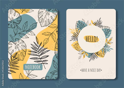 Cover design with floral pattern. Hand drawn plants. Scandinavian artistic background with herbs. Invitation, greeting card, cover book, notebook. Vector illustration