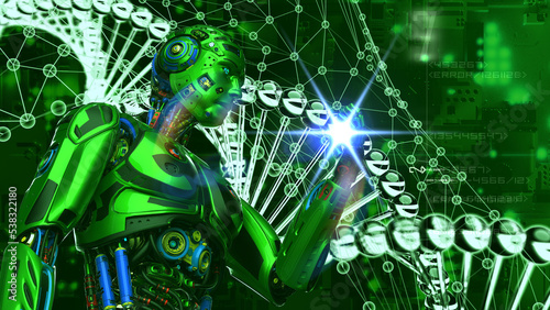 Detailed appearance of the green AI robot and DNA ring structure of crystal atom under green futuristic background. Concept 3D CG of vaccine development, regenerative and advanced medicine.