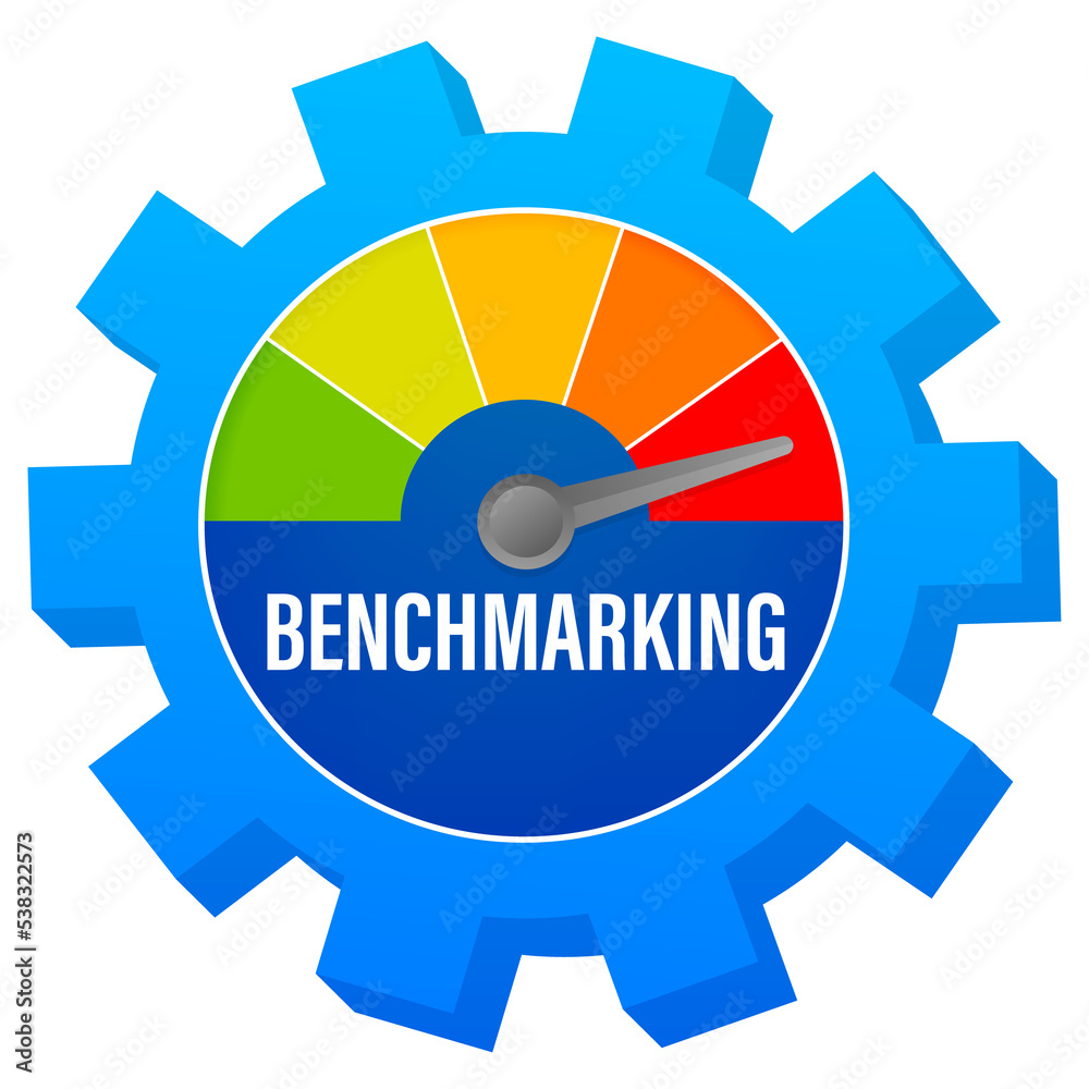 Benchmarking Speedometer, general indicator, business concept. Vector stock illustration