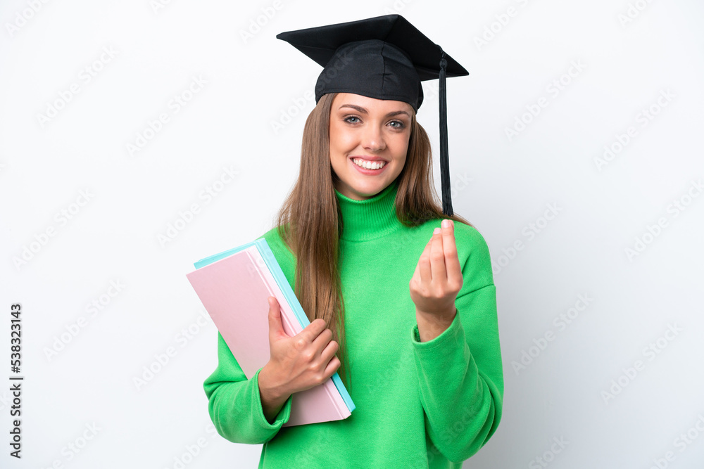 Young student caucasian woman isolated on white background making money gesture