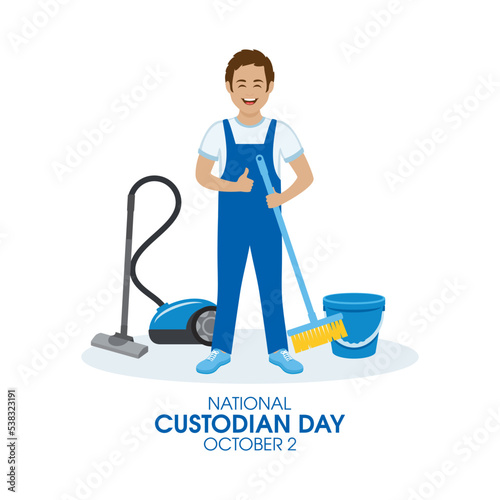 National Custodian Day vector. Cheerful young man with broom and vacuum cleaner icon vector. Happy male cleaner cartoon. October 2. Important day
