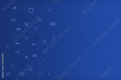 Tech blue background with different social icons. Gradient. Grid. copy space.