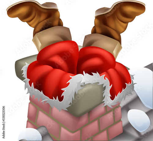 Santa Claus stuck in a chimney with his boots sticking out Christmas cartoon.
