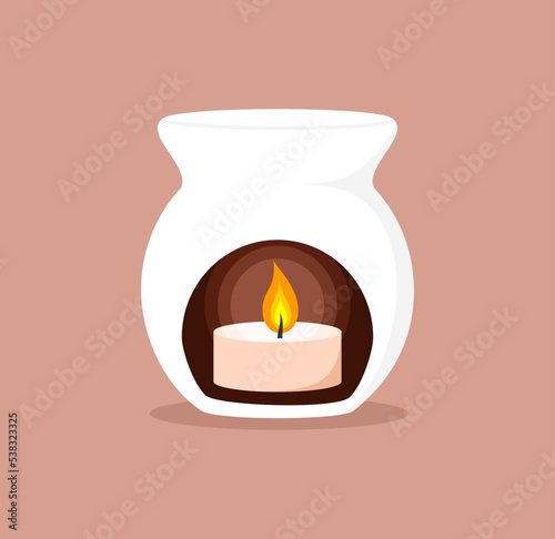 White ceramic aroma lamp with a burning candle inside. Flat vector illustration