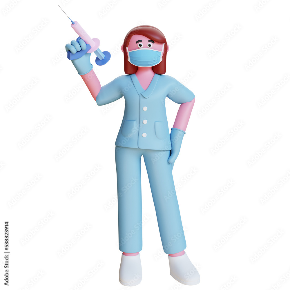 3d render woman nurse carrying syringe