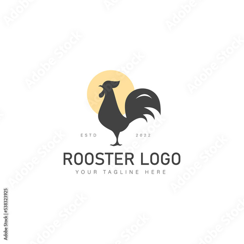 Rooster silhouette with sunset logo design icon illustration