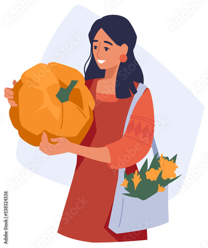 Autumn fair. Woman with pumpkins. PNG image.  © Tatyana