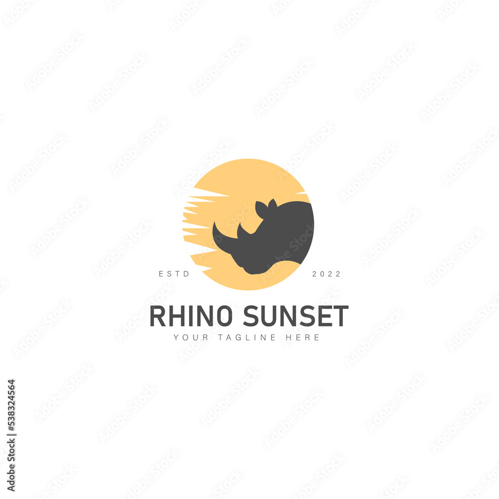 Rhino with sunset logo design icon illustration