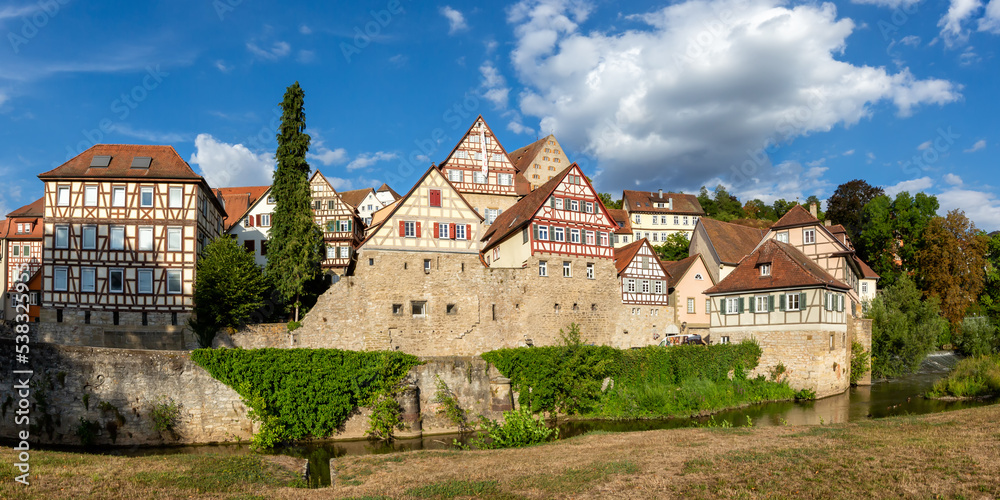 Schwäbisch Hall half-timbered houses from the middle ages town at river Kocher panorama in Germany