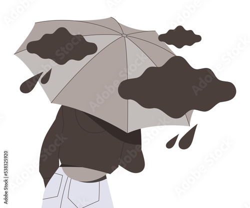 Stressed Man Character Under Umbrella with Black Rainy Cloud Feeling Sadness and Loneliness Vector Illustration