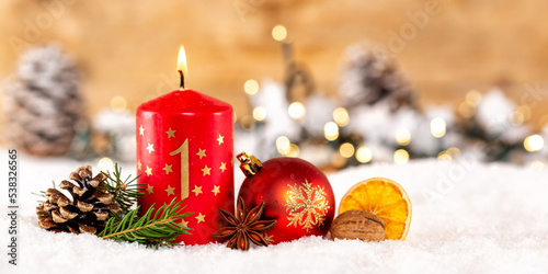 First 1st Sunday in advent with candle Christmas time decoration banner panorama copyspace copy space
