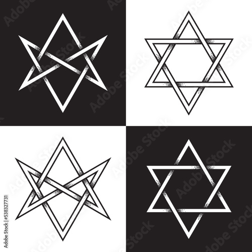 Hexagram set classic and unicursal hand drawn dot work ancient pagan symbol of six-pointed star isolated vector illustration. Black work, flash tattoo or print design photo