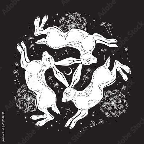 Three hares with three ears medieval magic symbol of fertility isolated. Sticker, print or tattoo design vector illustration. Pagan totem, wiccan familiar spirit art