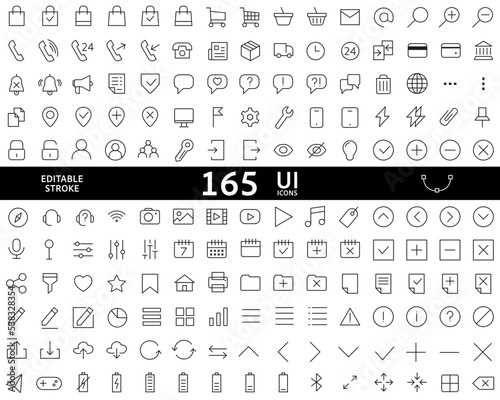 UI icons set. 165 vector thin line mini icons set. Thin line simple outline icons. Pixel Perfect. Editable stroke.