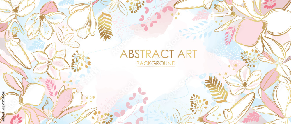 Vector poster with golden plants and flowers on a watercolor background. Abstract background.