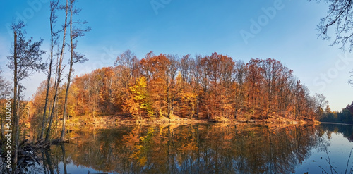 Beautiful autumn landscape with golden trees and serene lake. Reflection of bright foliage in dark calm water. Indian summer in the Carpathians