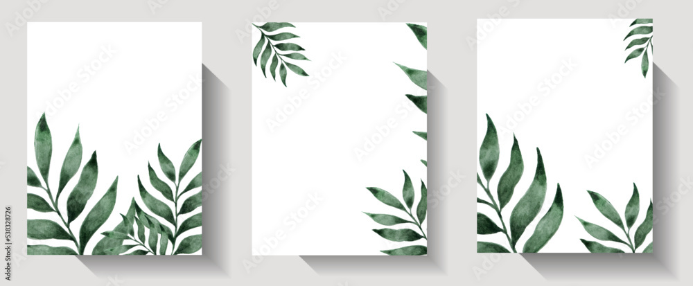 Set of vector tropical green leaves with white frame place for text isolated on white background