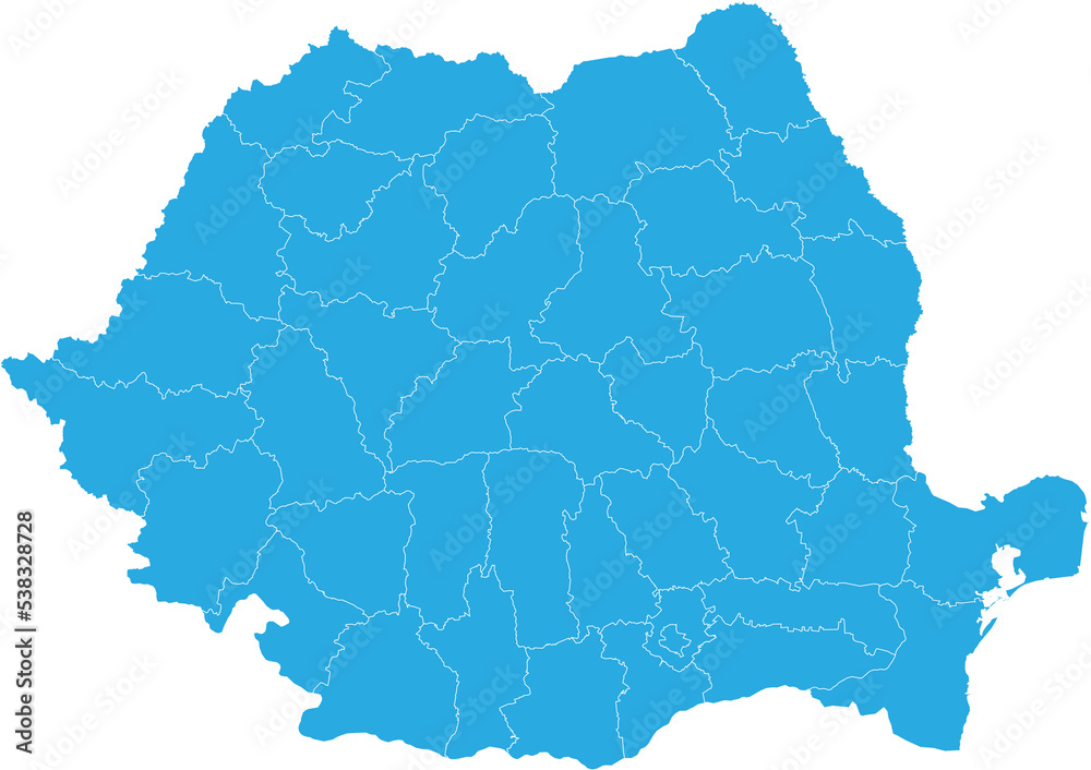 romania map. High detailed blue map of romania on transparent background.