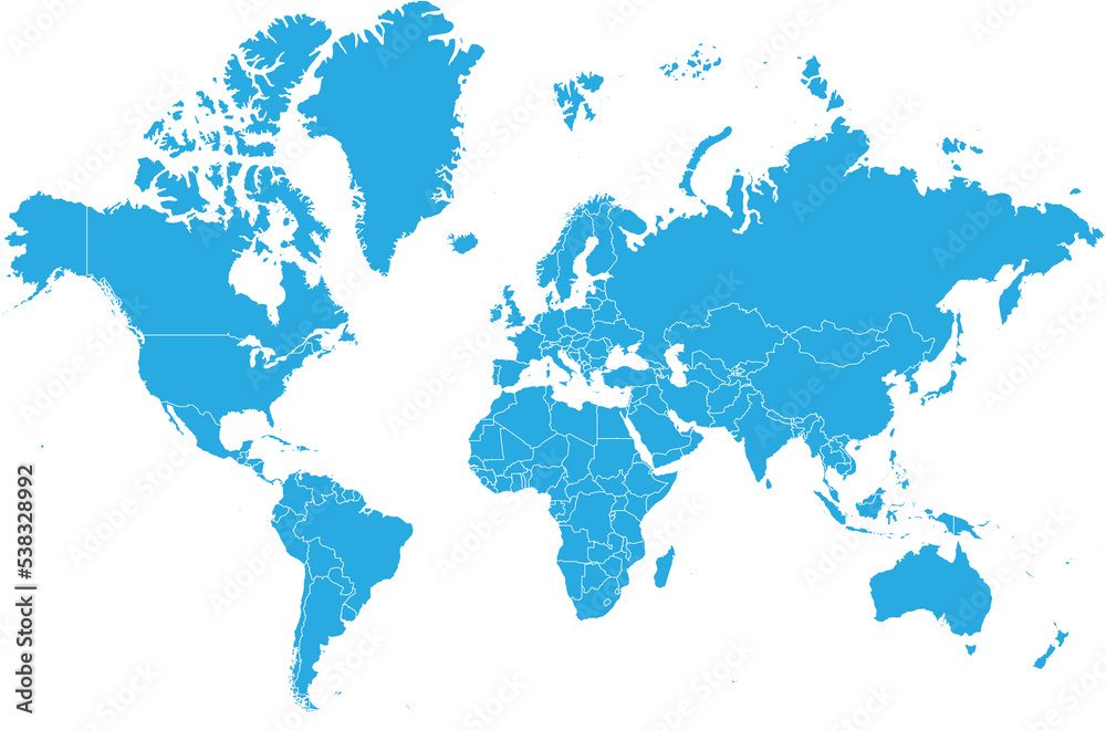 world map. High detailed blue map of world on transparent background.