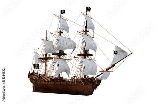 3D illustration of an old wooden pirate sailing ship isolated on a transparent background. photo