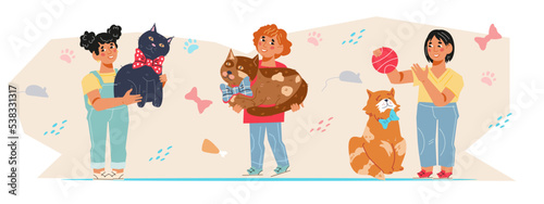 Happy children playing with pets at decorative backdrop  flat vector isolated.