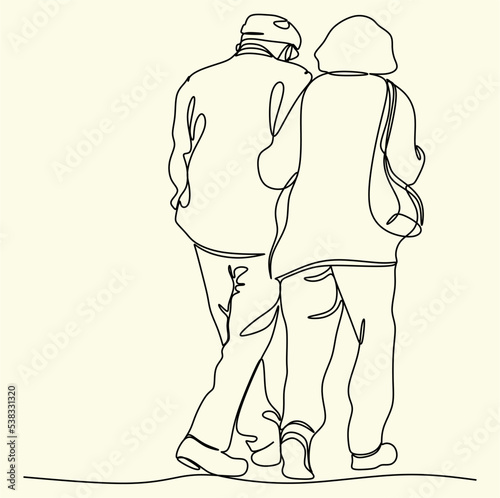 Elderly couple in continuous line art drawing style. Senior man and woman walking together holding hands. Minimalist black linear sketch isolated on white background. Vector illustration
