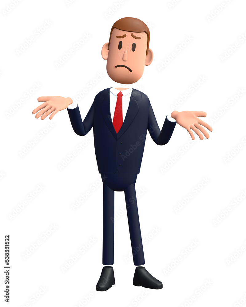3D cartoon businessman with ask gesture. Businessman 3D character