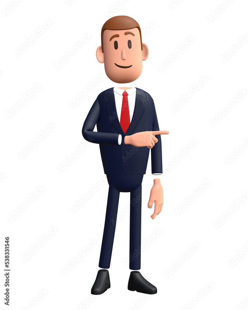 3D cartoon businessman with pointing gesture. Businessman 3D character 3D cartoon businessman with pointing gesture. Businessman 3D character