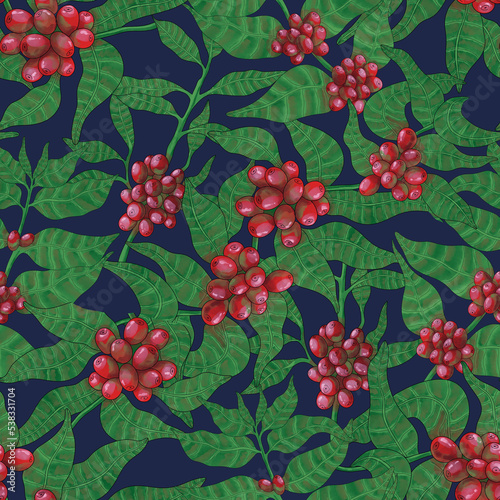 Nature tree, coffee branch, leaf, bean, flower, berry. Floral print. Seamless pattern with colorful hand drawn coffee tree branches
Watercolor coffee seamless pattern. Hand painted leaves and beans. 