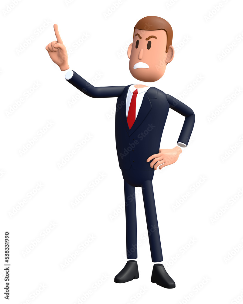3D cartoon businessman with pointing gesture. Businessman 3D character