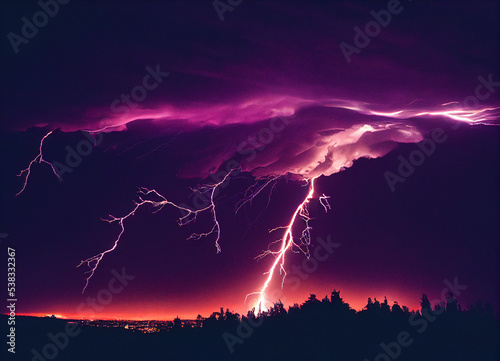 A purple thunderstorm at night with a lightning strike