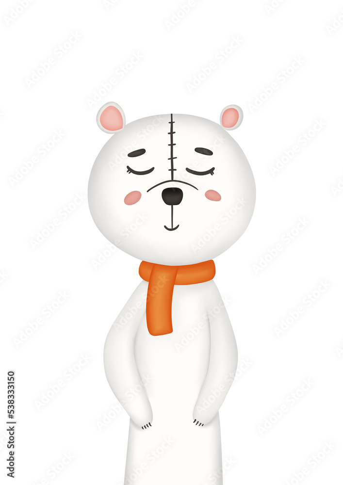 White cute teddy bear in a scarf on an isolated background