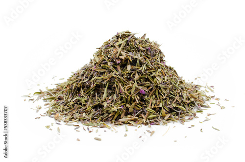 Dried spice thyme on white background.
