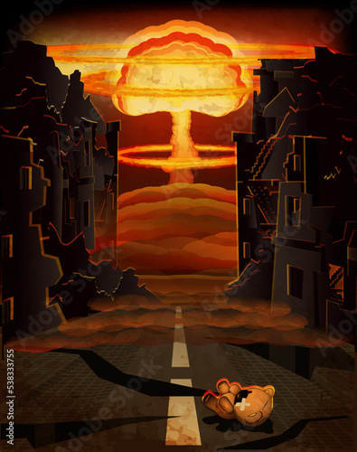 Stop War background, nuclear explosion and kids teddy bear a ruined city. vector illustration