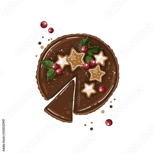 festive christmas cake decorated with holly berries and leaves and gingerbread symbols
 photo