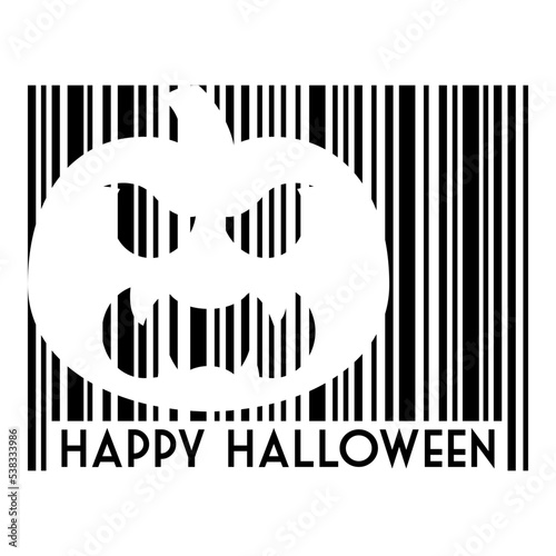 Logo con texto Happy Halloween con código de barras con líneas con calabaza en espacio negativo