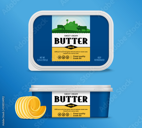 Butter package design with cows, calves and farm. Plastic container mockup for butter, margarine or spread