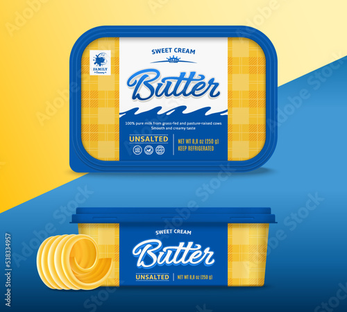 Butter package design. Plastic container mockup for butter, margarine or spread