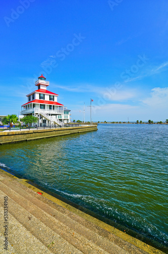 View of a lighthouse on the shore of Lake Pontchartrain in New Orleans.