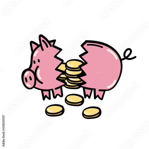 Broken piggy bank with coins isolated on a white background. Vector cartoon illustration.