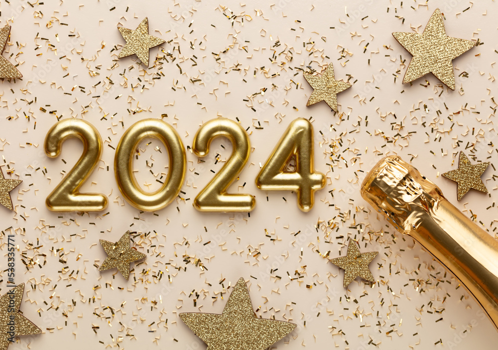 Happy New Year 2024 poster. Christmas background with gold 2023 numbers. - obrazy, fototapety, plakaty 