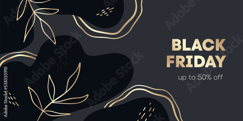 Luxury Black Friday Sale inscription Gold letters on a dark abstract Botanical background. Horizontal vector banner, poster, header website