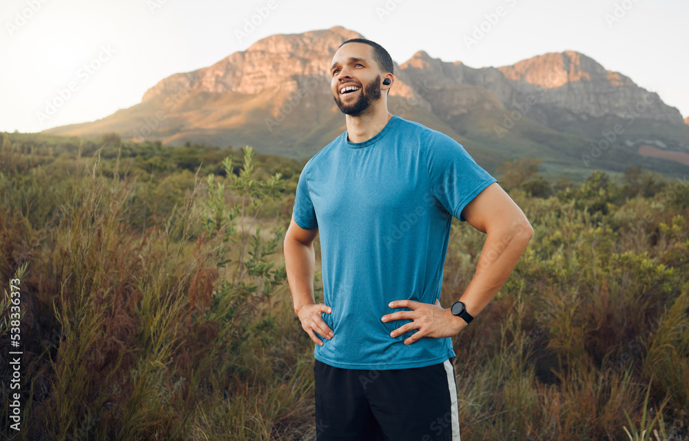 Nature, fitness and black man on hike with view, break while exercise outdoors and active lifestyle. Cardio, sport and physical activity, health motivation and endurance, happy and satisfaction. Nature, fitness and black man on hike with view, break while exercise outdoors and active lifestyle. Cardio, sport and physical activity, health motivation and endurance, happy and satisfaction.