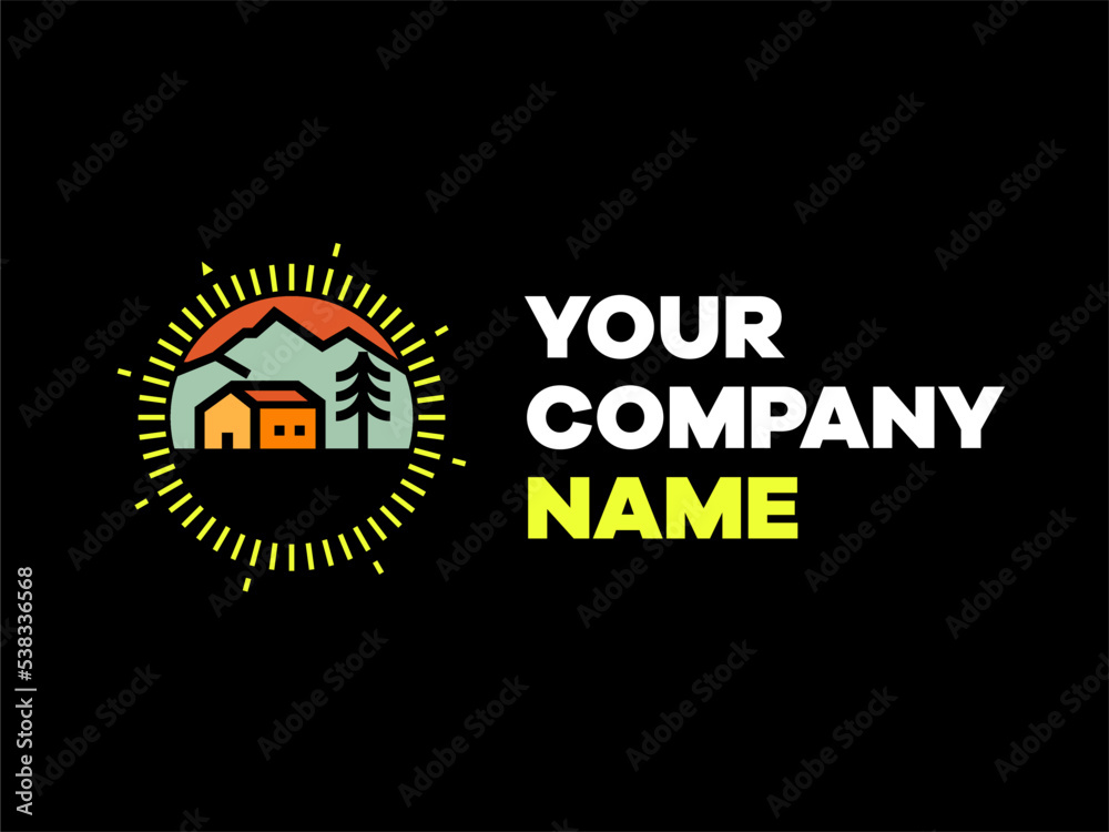 Cabin house in mountain hill logo for holiday, event, camp, survival, summer Cabin house in mountain hill logo for holiday, event, camp, survival, summer