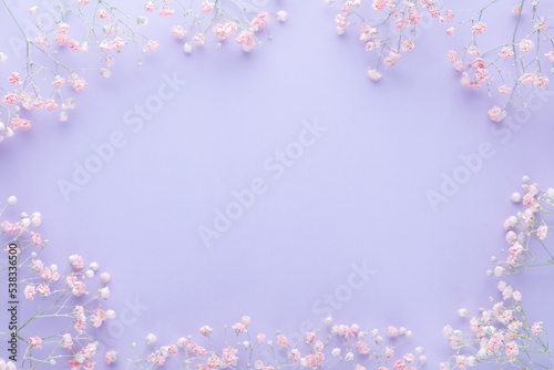 Beautiful flower background of pink gypsophila flowers. Flat lay, top view. Floral pattern.
